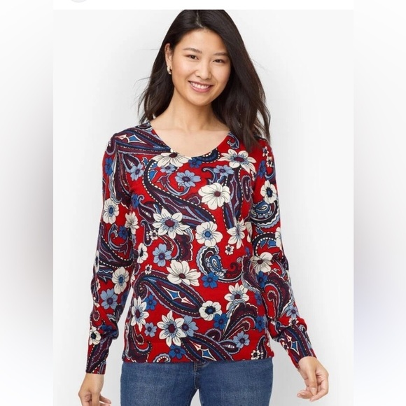 TALBOTS Lightweight Merino Wool Sweater women’s Floral Paisley Bloom Large - Picture 1 of 8